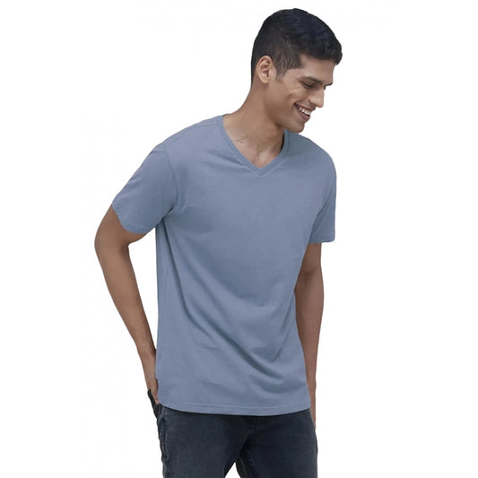 Roneclick Men's Casual Half sleeve Solid Cotton V Neck T-shirt (Blue)