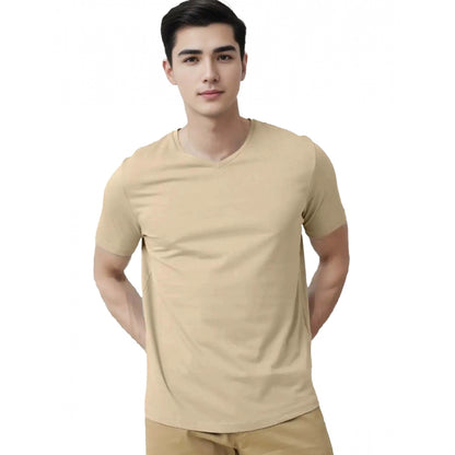 Roneclick Men's Casual Half sleeve Solid Cotton V Neck T-shirt (Beige)