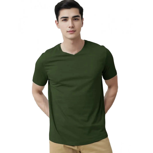 Roneclick Men's Casual Half sleeve Solid Cotton V Neck T-shirt (Olive)