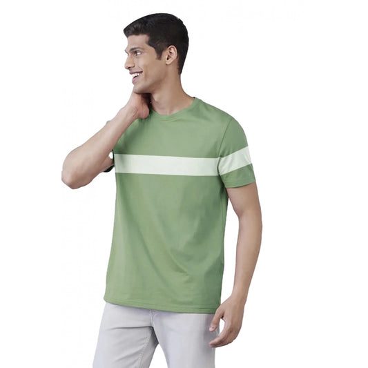 Roneclick Men's Casual Half sleeve Stripped Cotton Crew Neck T-shirt (Light Green)