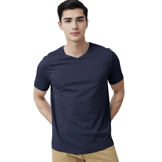 Roneclick Men's Casual Half sleeve Solid Cotton V Neck T-shirt (Navy)