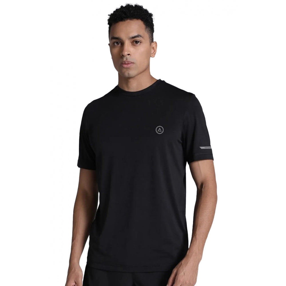 Roneclick Men's Casual Half sleeve Solid Polyester Crew Neck T-shirt (Black)