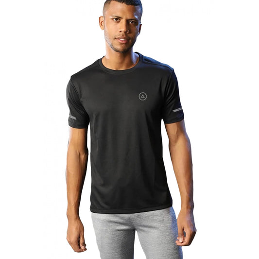 Roneclick Men's Casual Half sleeve Solid Polyester Crew Neck T-shirt (Black)