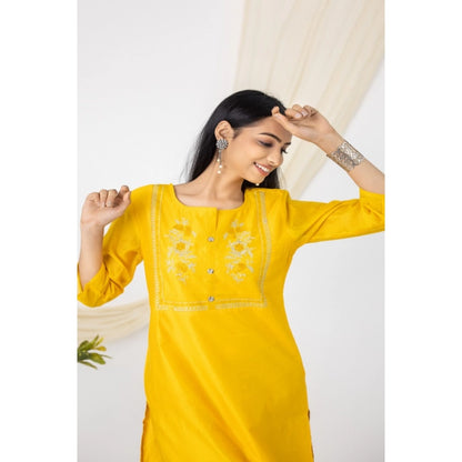 Roneclick Women's Casual 3/4 Sleeve Chanderi Printed Kurti (Yellow)