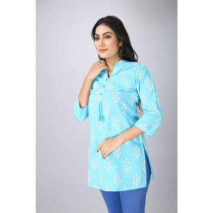 Roneclick Women's Casual 3/4 Sleeve Cotton Blend Printed Kurti (Light Blue)