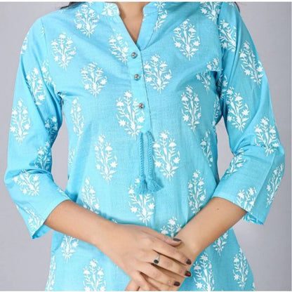 Roneclick Women's Casual 3/4 Sleeve Cotton Blend Printed Kurti (Light Blue)