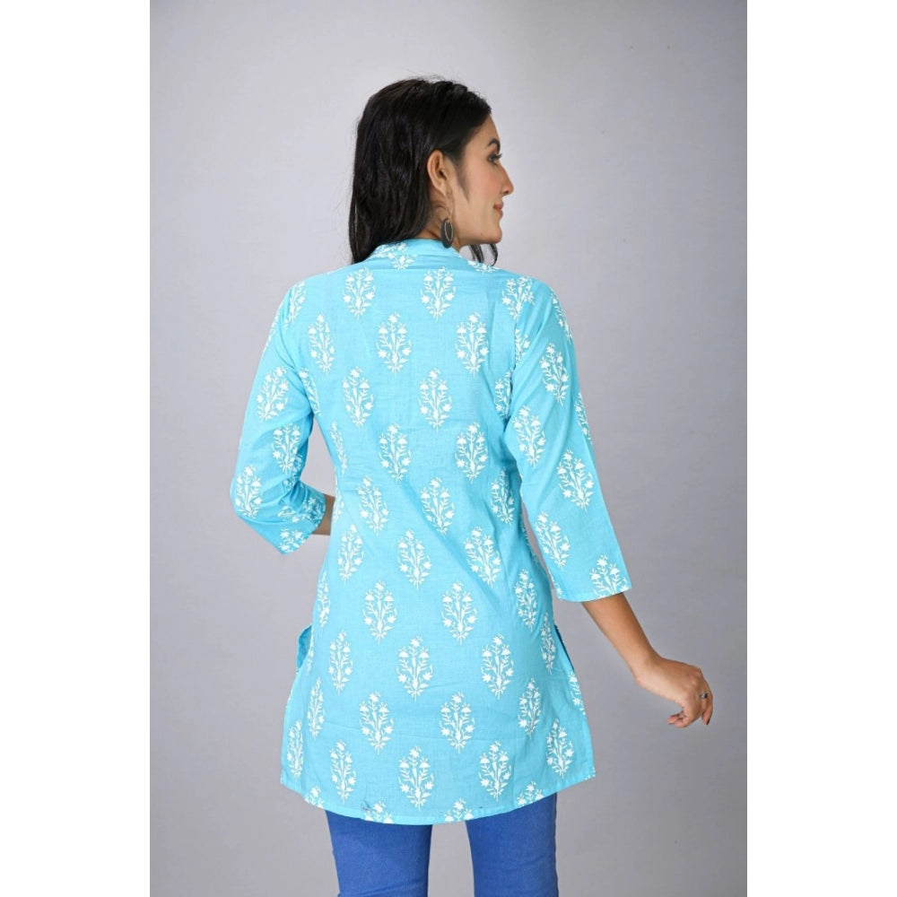 Roneclick Women's Casual 3/4 Sleeve Cotton Blend Printed Kurti (Light Blue)