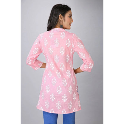 Roneclick Women's Casual 3/4 Sleeve Cotton Blend Printed Kurti (Pink)