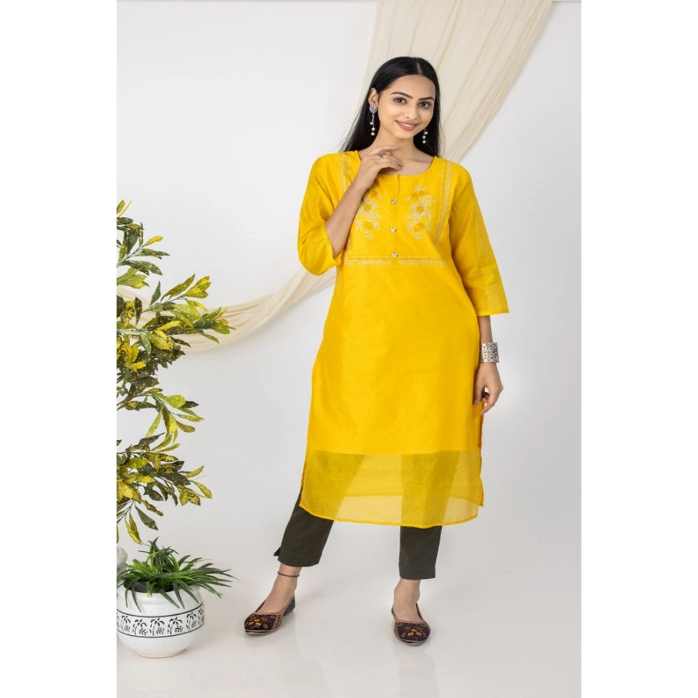 Roneclick Women's Casual 3/4 Sleeve Chanderi Printed Kurti (Yellow)