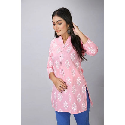 Roneclick Women's Casual 3/4 Sleeve Cotton Blend Printed Kurti (Pink)