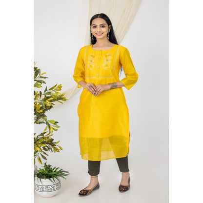 Roneclick Women's Casual 3/4 Sleeve Chanderi Printed Kurti (Yellow)