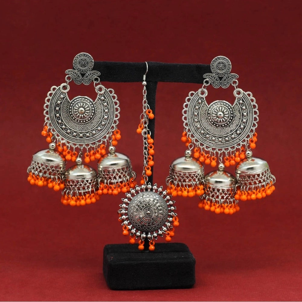 Roneclick Women's Orange Color Oxidised Earrings Tikka Set