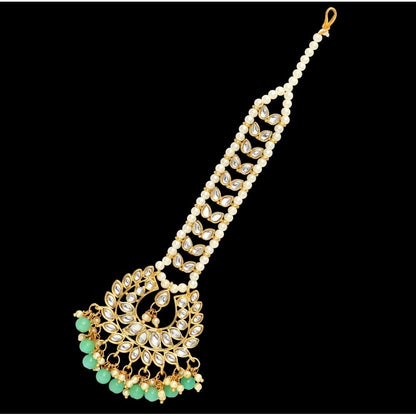 Roneclick Women's Green Color Imitation Pearl &amp; Kundan Maang Tikka