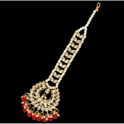 Roneclick Women's Red Color Imitation Pearl &amp; Kundan Maang Tikka