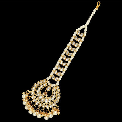 Roneclick Women's White Color Imitation Pearl &amp; Kundan Maang Tikka