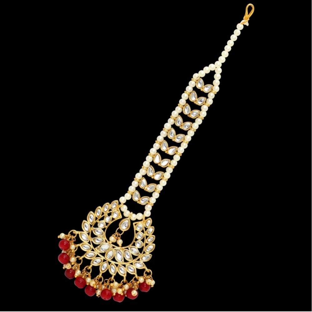 Roneclick Women's Maroon Color Imitation Pearl &amp; Kundan Maang Tikka