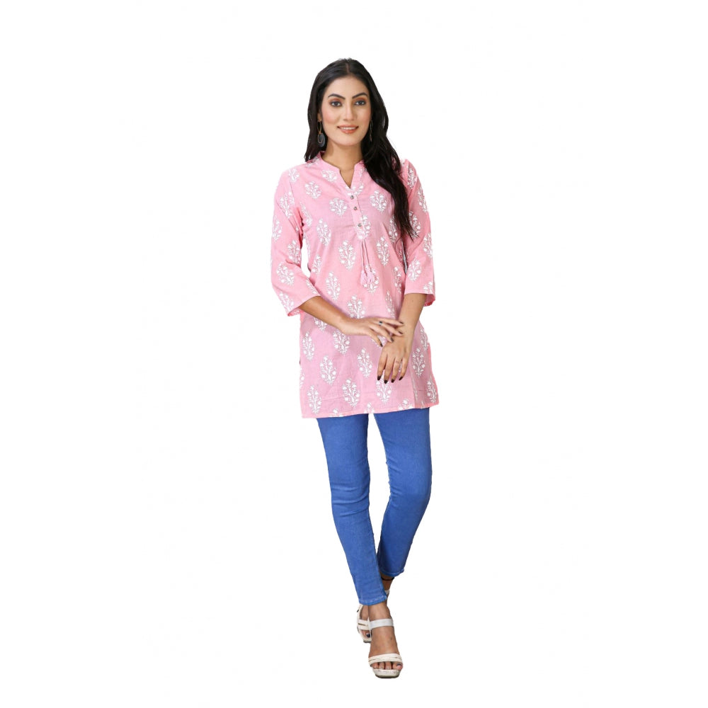 Roneclick Women's Casual 3/4 Sleeve Cotton Blend Printed Kurti (Pink)