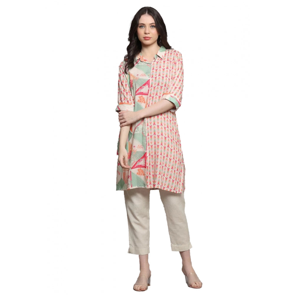 Roneclick Women's Casual 3/4 Sleeve Viscose Rayon Printed Kurti (Pink)