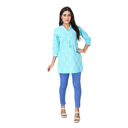 Roneclick Women's Casual 3/4 Sleeve Cotton Blend Printed Kurti (Light Blue)