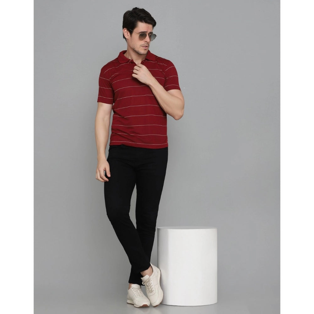 Roneclick Men's Casual Half Sleeve Striped Cotton Blended Polo Neck T-shirt (Maroon)