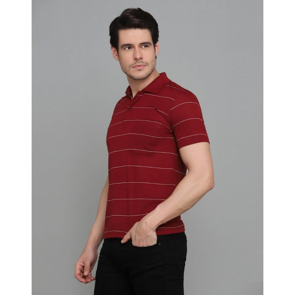 Roneclick Men's Casual Half Sleeve Striped Cotton Blended Polo Neck T-shirt (Maroon)