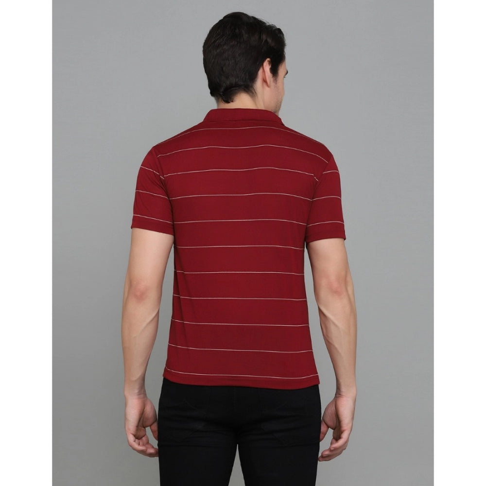 Roneclick Men's Casual Half Sleeve Striped Cotton Blended Polo Neck T-shirt (Maroon)