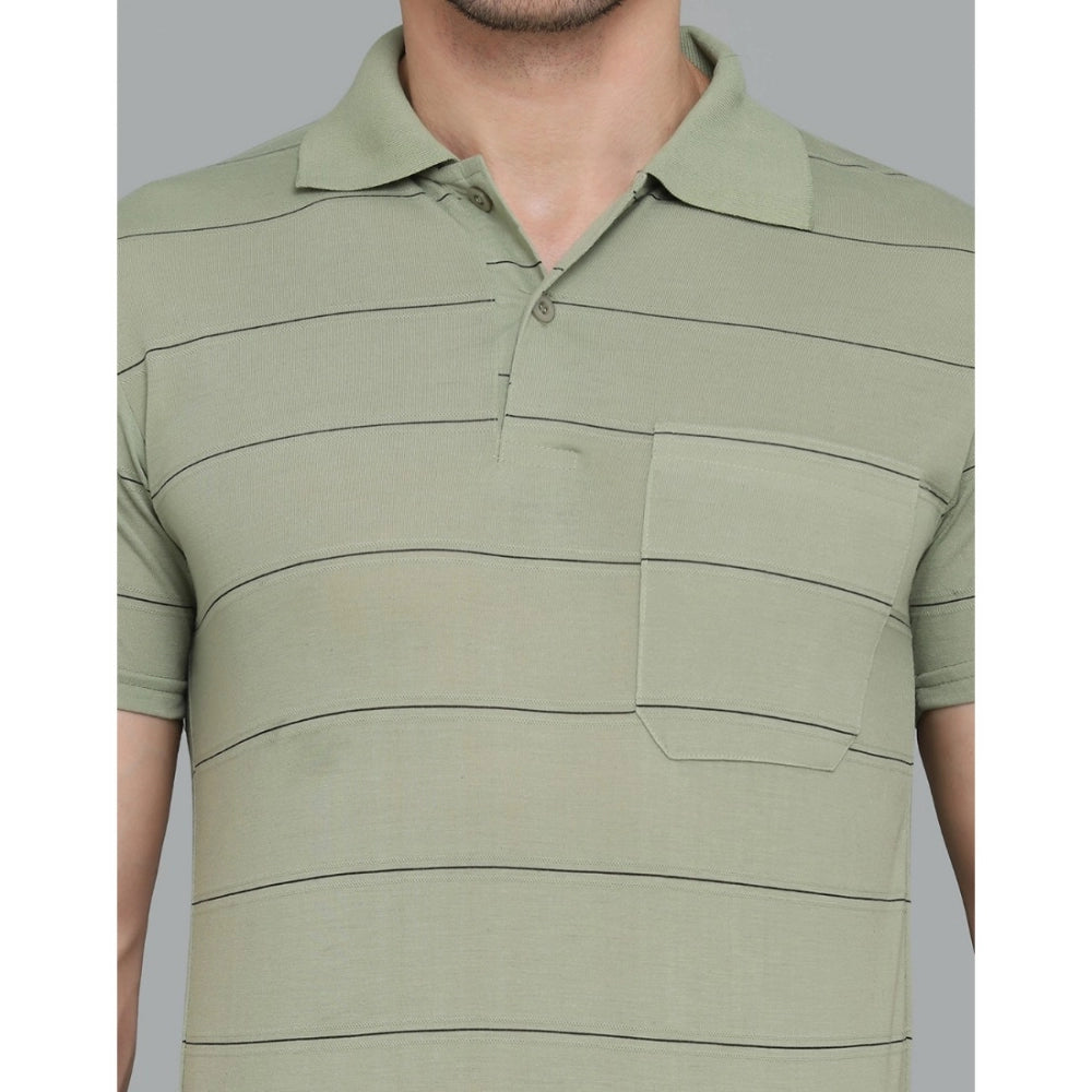 Roneclick Men's Casual Half Sleeve Striped Cotton Blended Polo Neck T-shirt (L.Green)