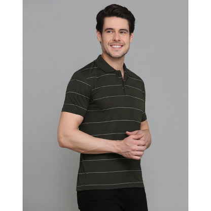 Roneclick Men's Casual Half Sleeve Striped Cotton Blended Polo Neck T-shirt (Green)