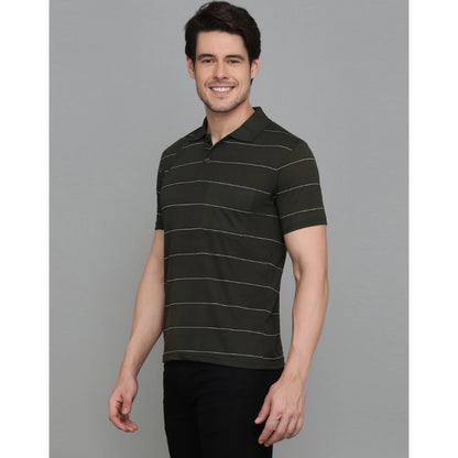 Roneclick Men's Casual Half Sleeve Striped Cotton Blended Polo Neck T-shirt (Green)