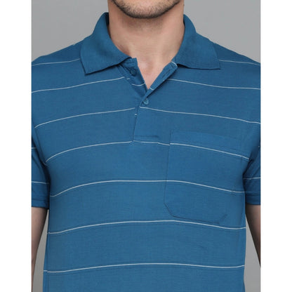 Roneclick Men's Casual Half Sleeve Striped Cotton Blended Polo Neck T-shirt (Teel Blue)