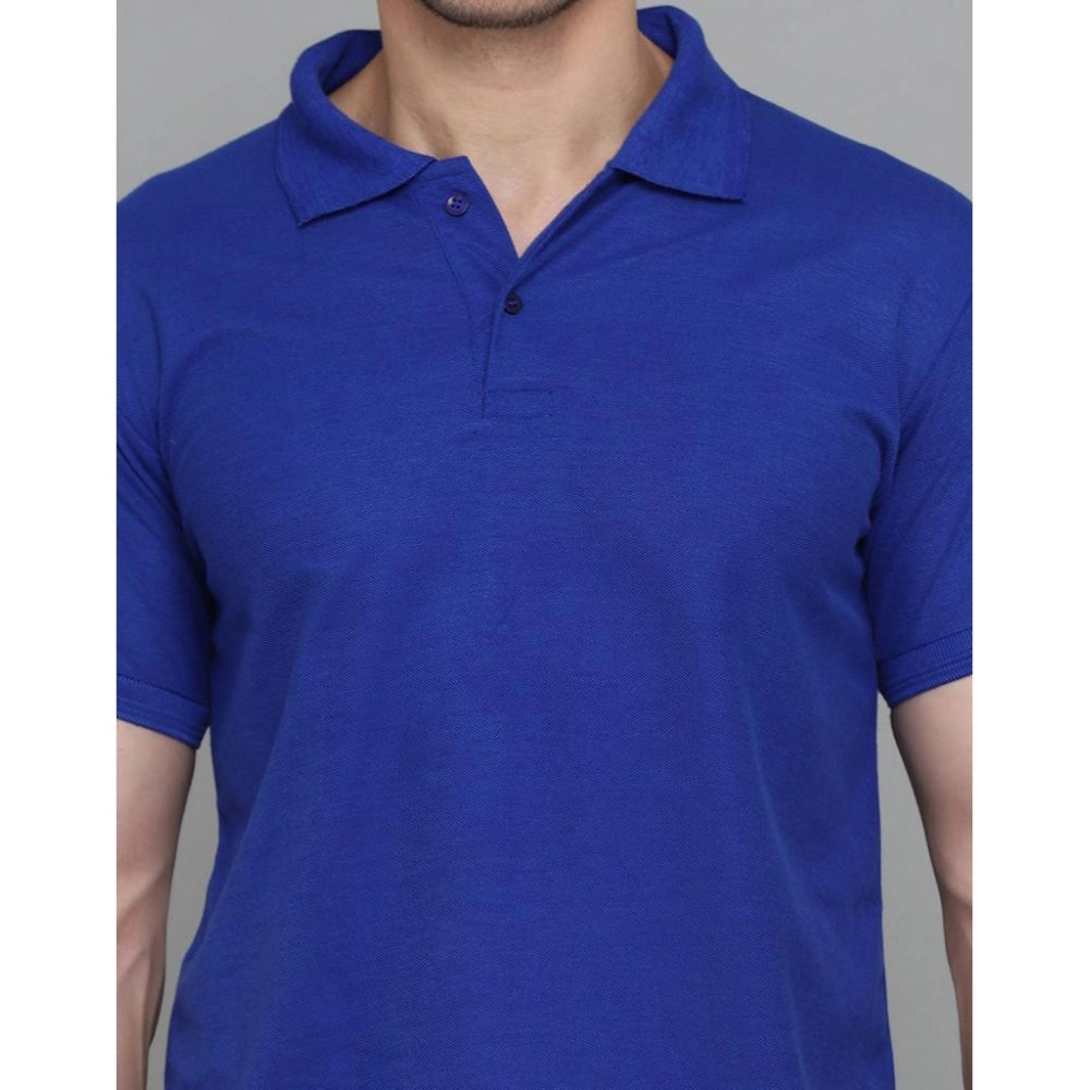 Roneclick Men's Casual Half Sleeve Solid Cotton Blended Polo Neck T-shirt (Blue)