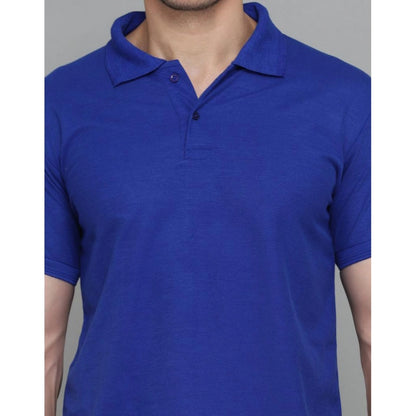 Roneclick Men's Casual Half Sleeve Solid Cotton Blended Polo Neck T-shirt (Blue)