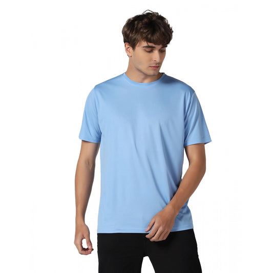 Roneclick Men's Casual Half Sleeve Solid Polyester Round Neck T-shirt (Sky)