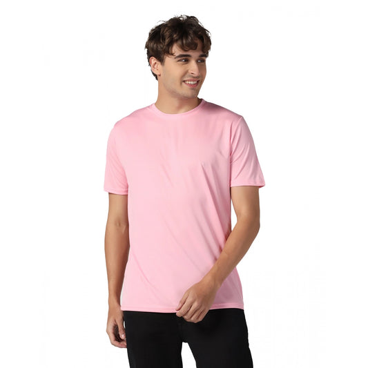 Roneclick Men's Casual Half Sleeve Solid Polyester Round Neck T-shirt (Pink)