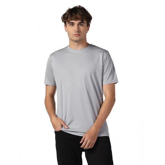 Roneclick Men's Casual Half Sleeve Solid Polyester Round Neck T-shirt (Lgrey)