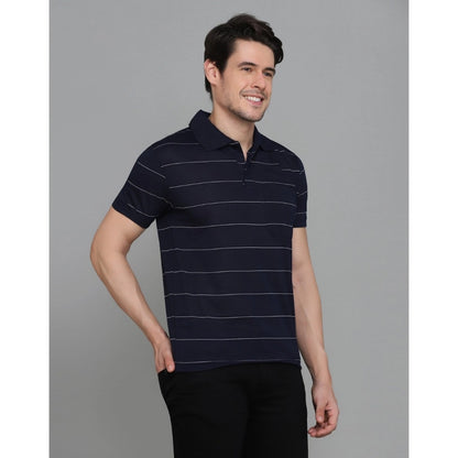 Roneclick Men's Casual Half Sleeve Striped Cotton Blended Polo Neck T-shirt (Navy)