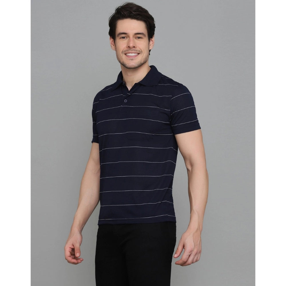 Roneclick Men's Casual Half Sleeve Striped Cotton Blended Polo Neck T-shirt (Navy)