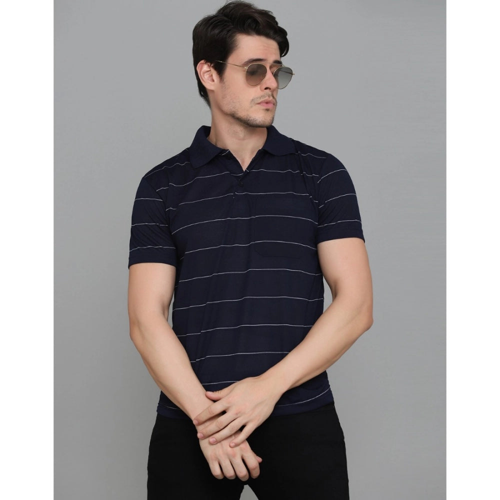 Roneclick Men's Casual Half Sleeve Striped Cotton Blended Polo Neck T-shirt (Navy)