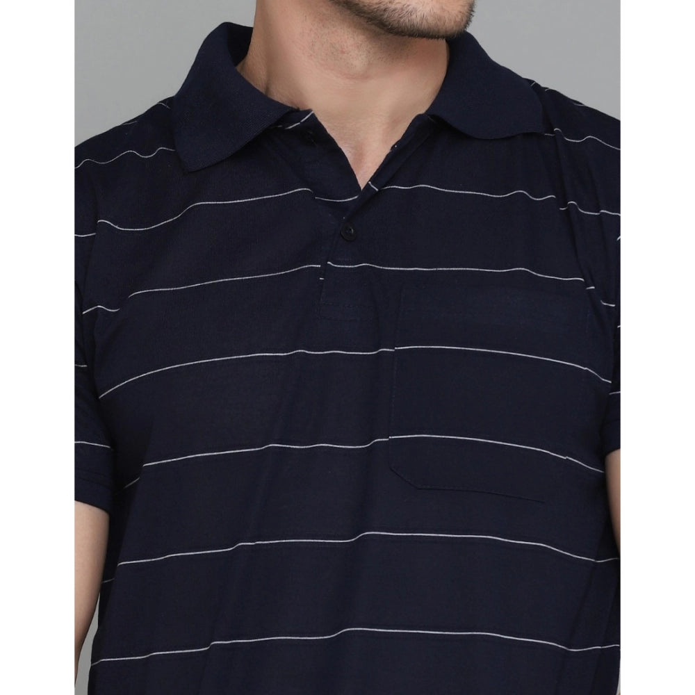 Roneclick Men's Casual Half Sleeve Striped Cotton Blended Polo Neck T-shirt (Navy)