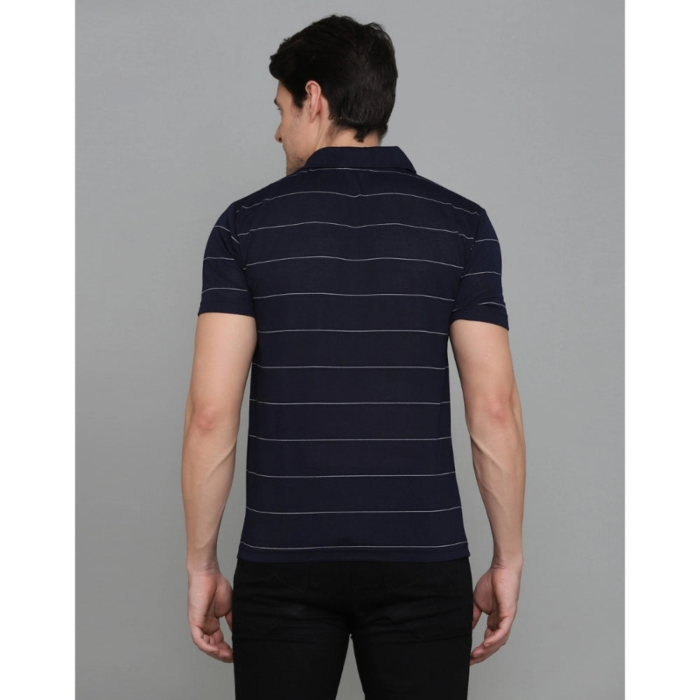 Roneclick Men's Casual Half Sleeve Striped Cotton Blended Polo Neck T-shirt (Navy)