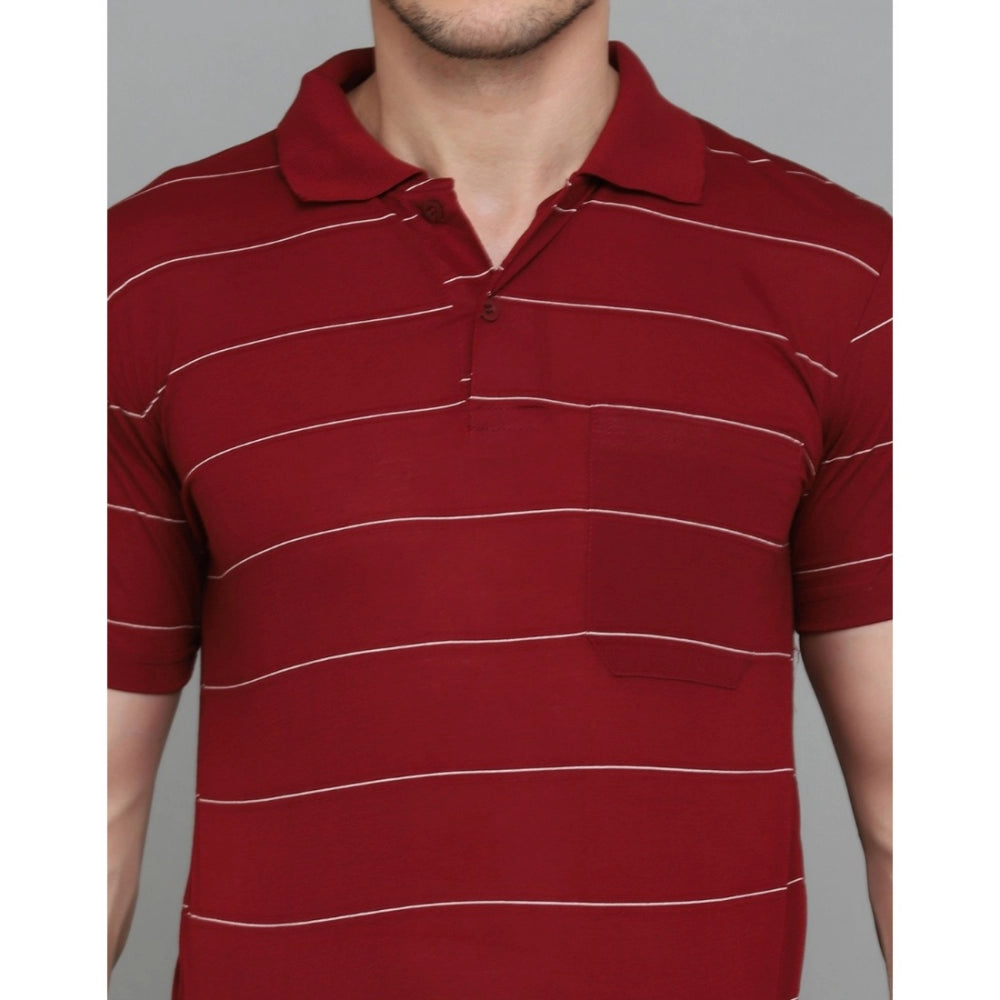 Roneclick Men's Casual Half Sleeve Striped Cotton Blended Polo Neck T-shirt (Maroon)