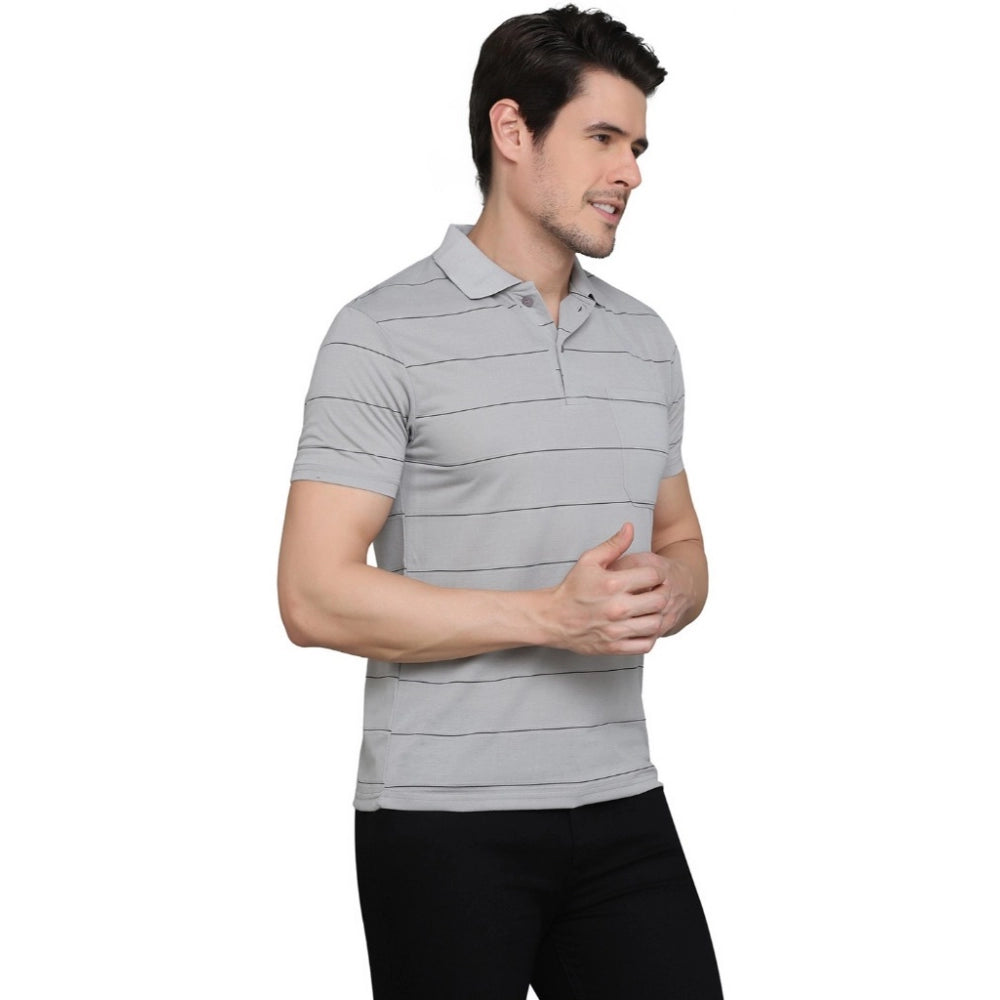 Roneclick Men's Casual Half Sleeve Striped Cotton Blended Polo Neck T-shirt (L.Grey)