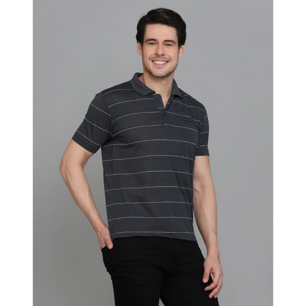 Roneclick Men's Casual Half Sleeve Striped Cotton Blended Polo Neck T-shirt (Grey)