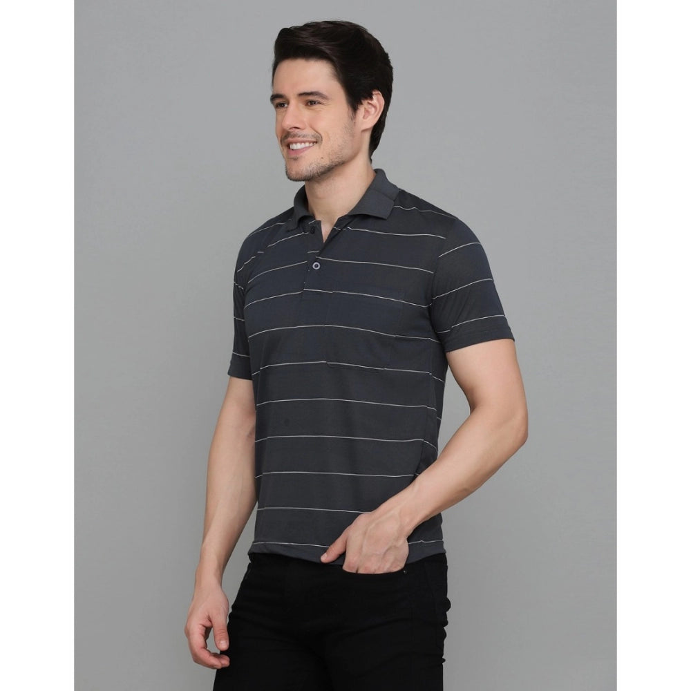 Roneclick Men's Casual Half Sleeve Striped Cotton Blended Polo Neck T-shirt (Grey)