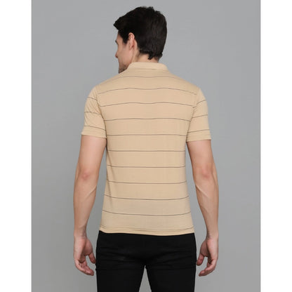 Roneclick Men's Casual Half Sleeve Striped Cotton Blended Polo Neck T-shirt (L.Beige)