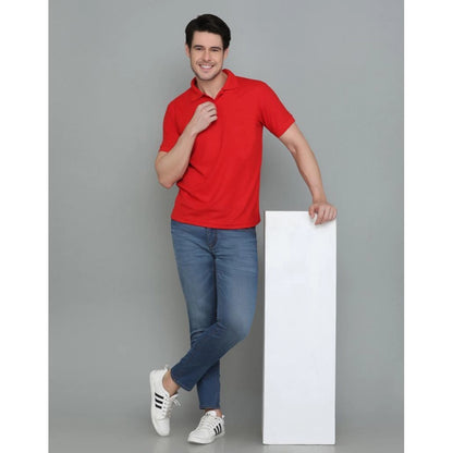 Roneclick Men's Casual Half Sleeve Solid Cotton Blended Polo Neck T-shirt (Red)