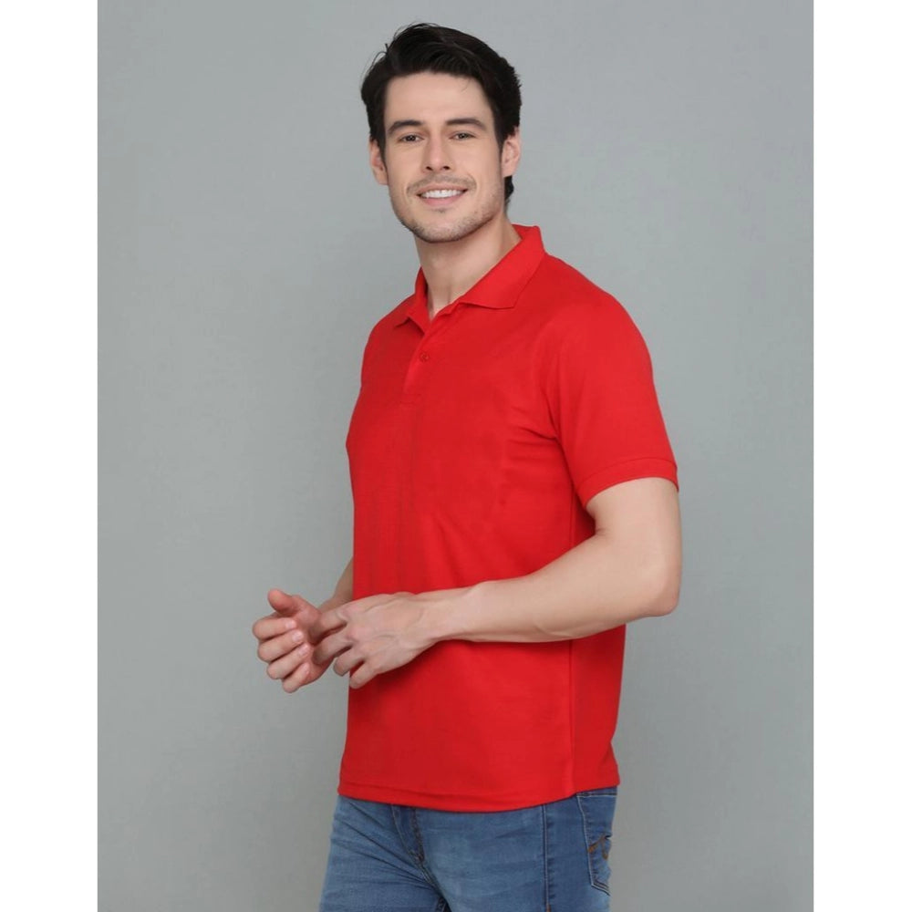 Roneclick Men's Casual Half Sleeve Solid Cotton Blended Polo Neck T-shirt (Red)