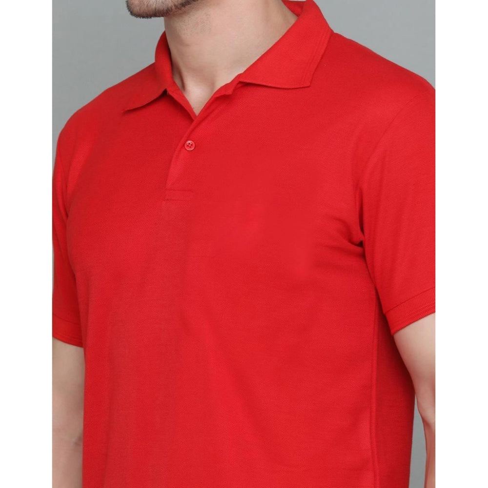 Roneclick Men's Casual Half Sleeve Solid Cotton Blended Polo Neck T-shirt (Red)