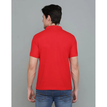 Roneclick Men's Casual Half Sleeve Solid Cotton Blended Polo Neck T-shirt (Red)