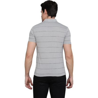 Roneclick Men's Casual Half Sleeve Striped Cotton Blended Polo Neck T-shirt (L.Grey)